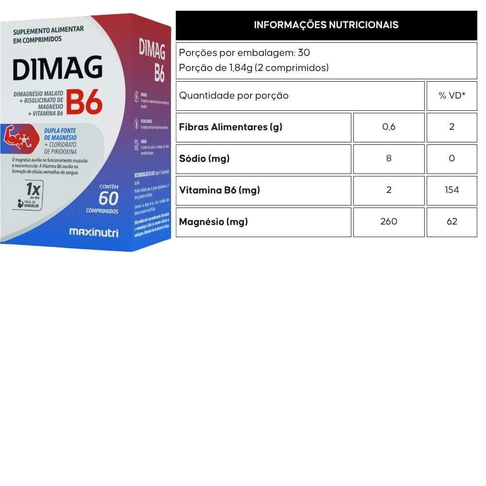 Kit 3 DIMAG B6 Dimalato + Quelato + Vitamina B6 Maxinutri 60 Comprimidos