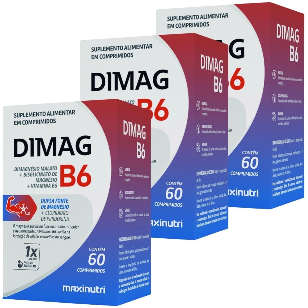 Kit 3 Dimag B6 Dimalato + Quelato + Vitamina B6 Maxinutri 60 Comprimidos