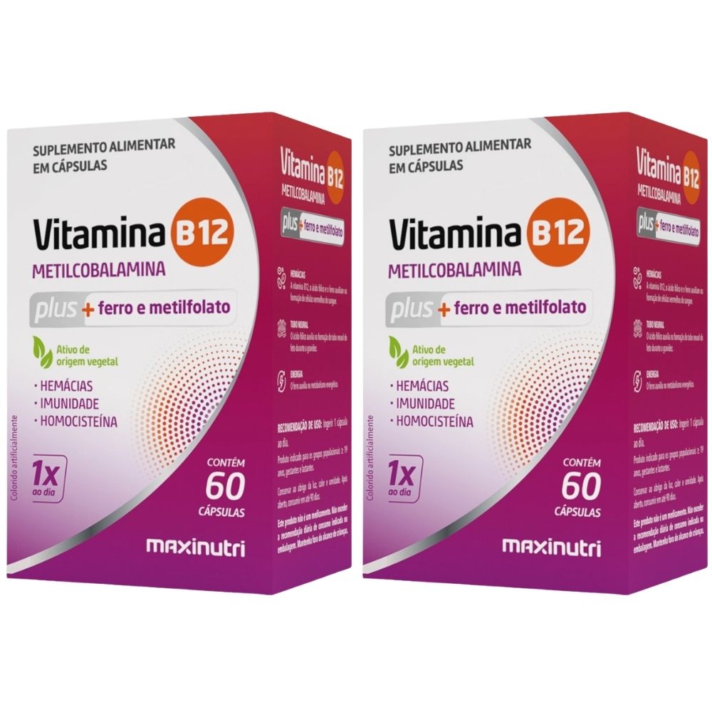 Kit 2 Vitamina B12 PLUS Metil + Ferro + Ácido Fólico Maxinutri 60 Cápsulas