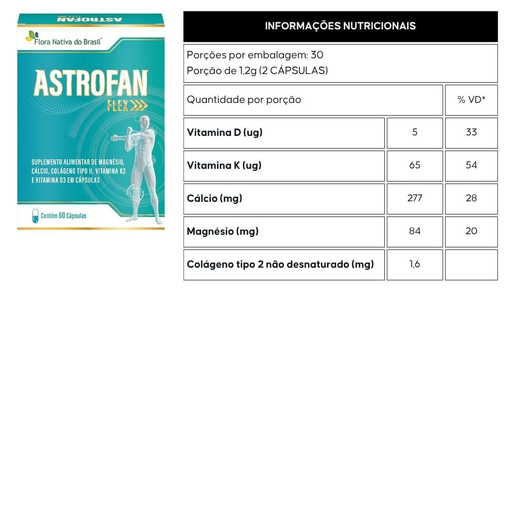 Kit 2 AstroFan Flex Colágeno Tipo 2, Cálcio, Magnésio, VIt D3 e K2 Flora Nativa 60 Cápsulas