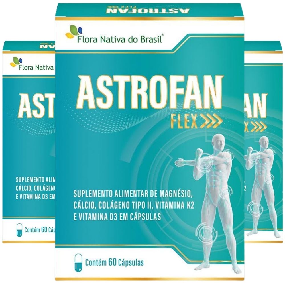Kit 3 Astrofan Flex Colágeno Tipo 2, Cálcio, Magnésio, Vit D3 E K2 Flora Nativa 60 Cápsulas