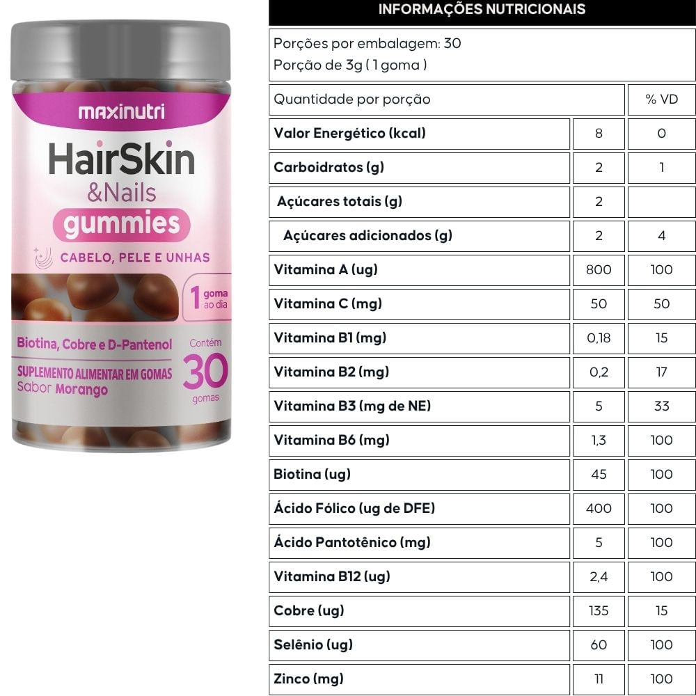 HairSkin e Nails Gummies Maxinutri 30 Gomas