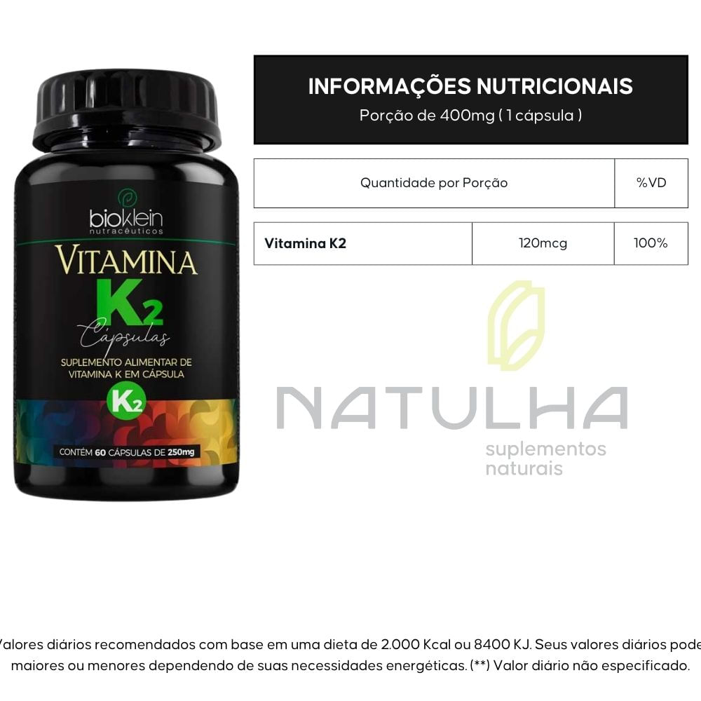 Vitamina K2 Menaquinona-7 100% IDR Bioklein 60 Cápsulas