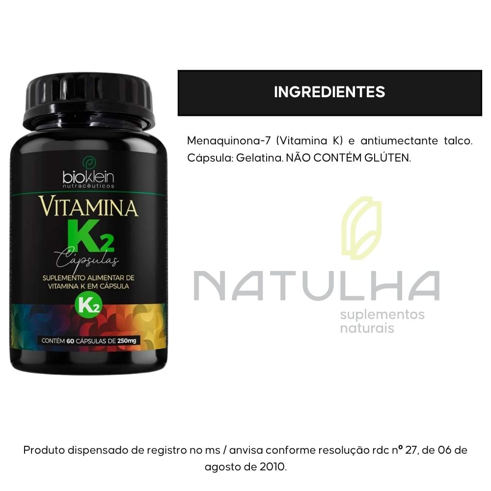 Vitamina K2 Menaquinona-7 100% IDR Bioklein 60 Cápsulas