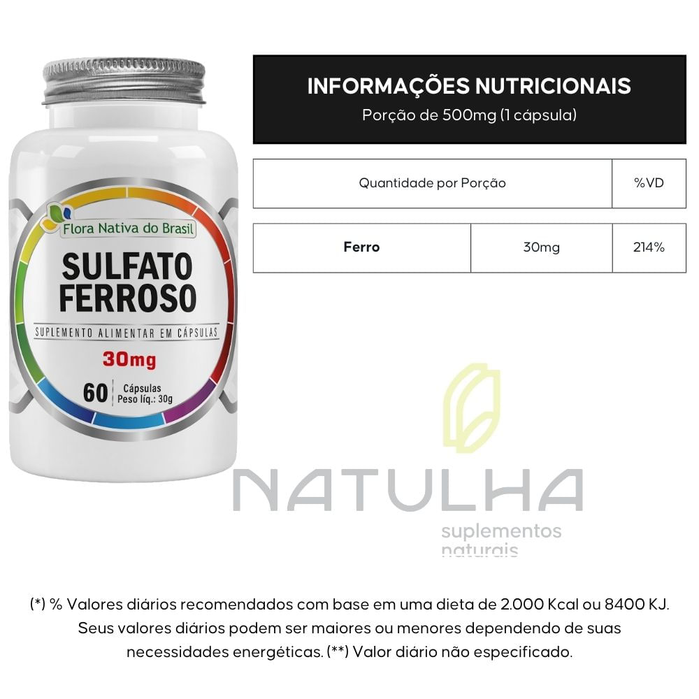 Sulfato Ferroso 214% IDR Flora Nativa 60 Cápsulas