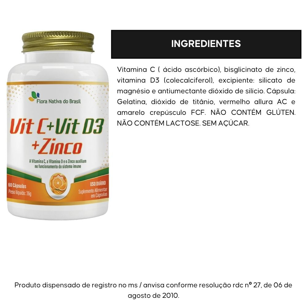 Vitamina C + D3 + Zinco Flora Nativa 60 Cápsulas
