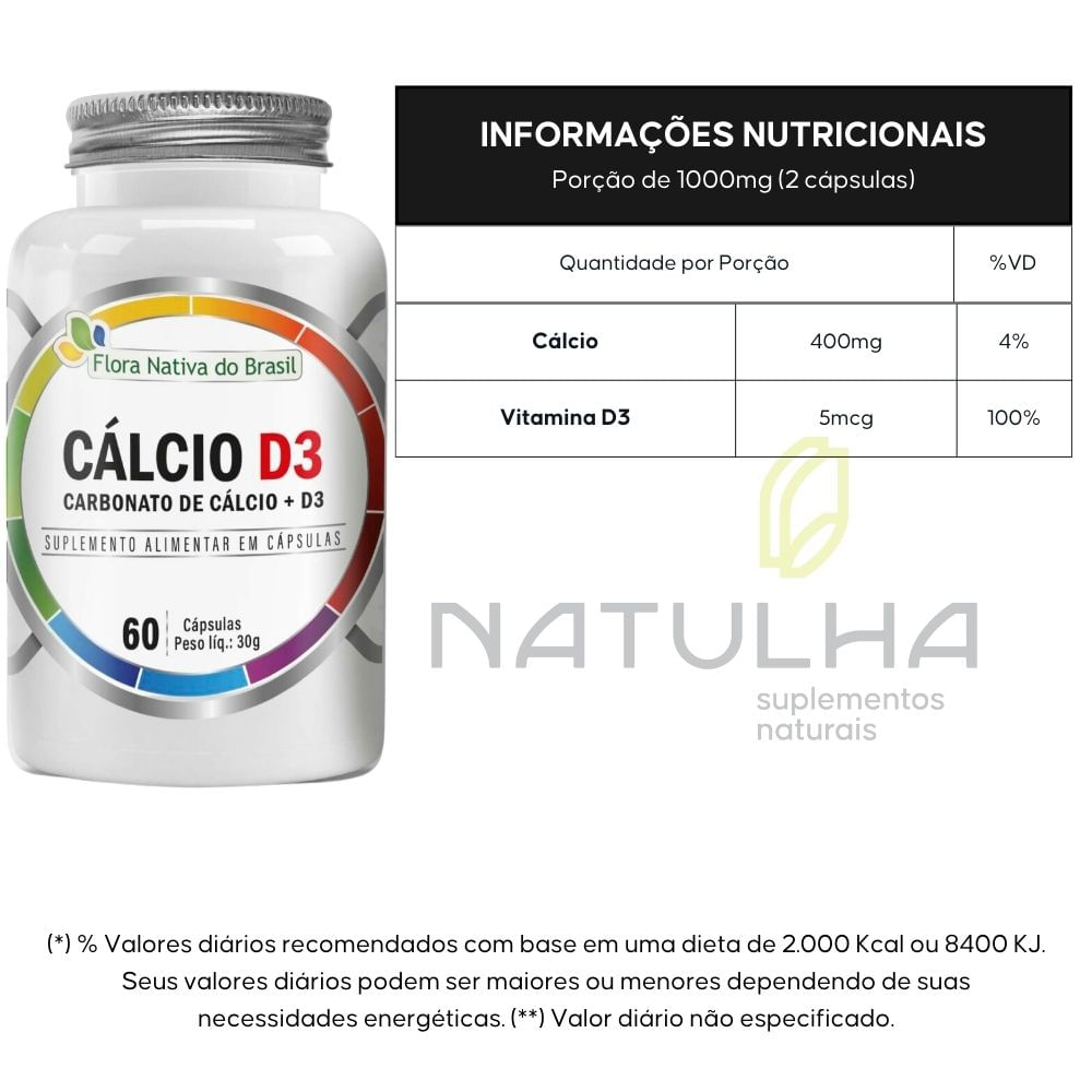 Kit 2 Cálcio D3 Carbonato de Cálcio + Vitamina D3 Flora Nativa 60 Cápsulas
