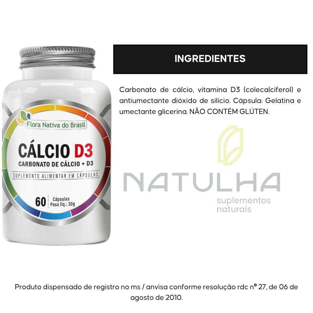 Kit 2 Cálcio D3 Carbonato de Cálcio + Vitamina D3 Flora Nativa 60 Cápsulas