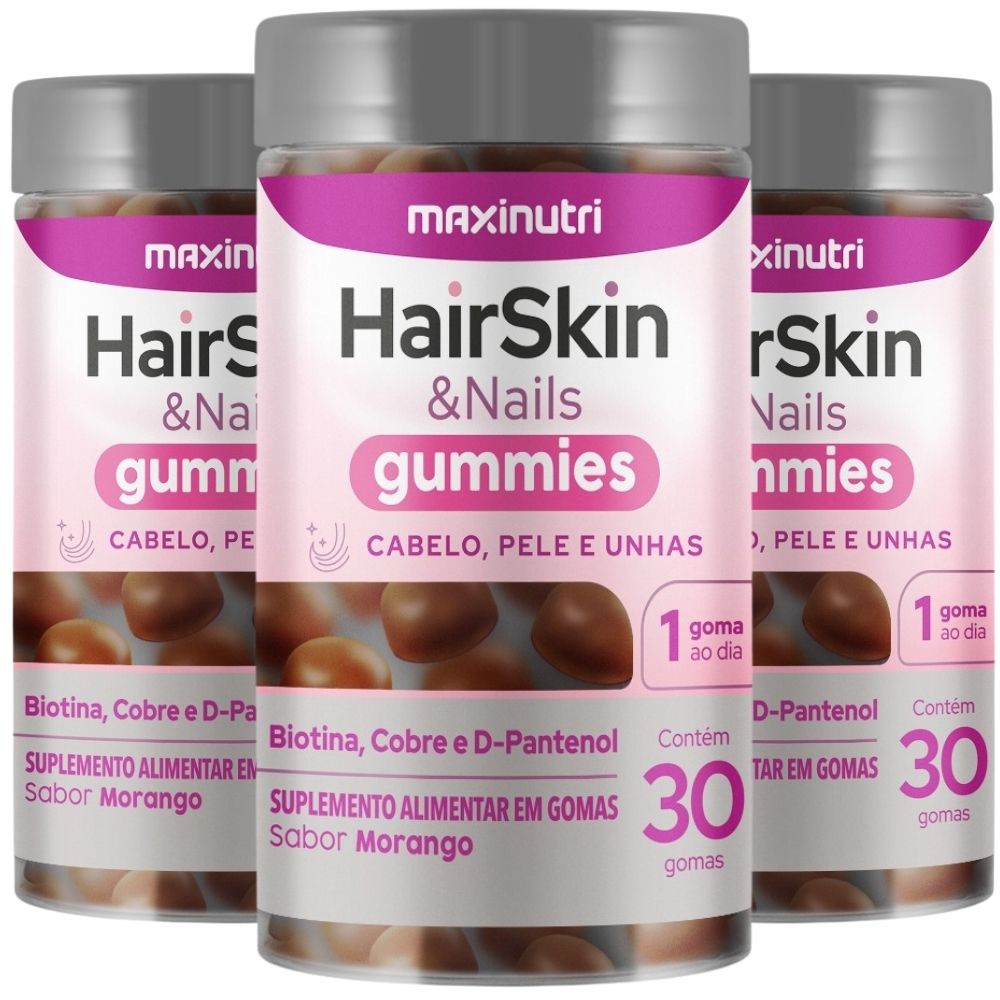 Kit 3 HairSkin e Nails Gummies Maxinutri 30 Gomas