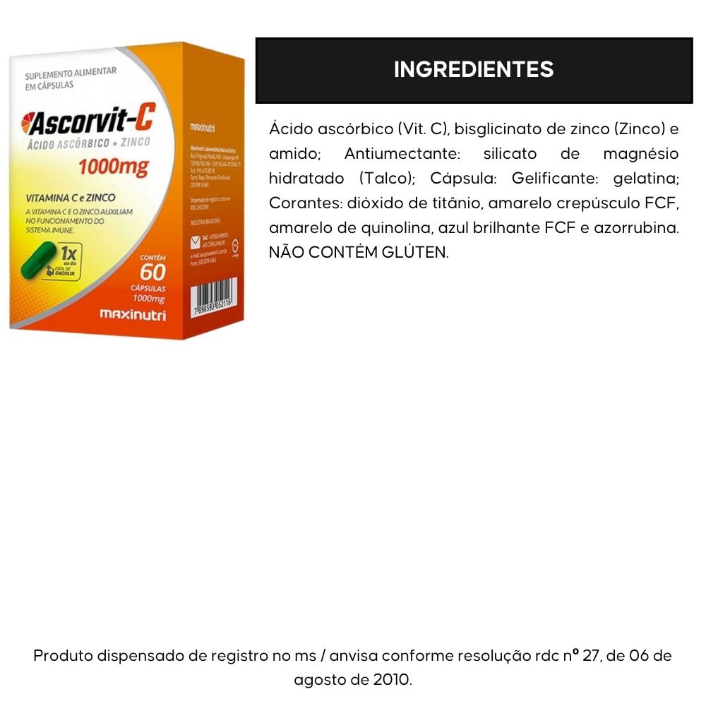 Ascorvit-C 1000mg Vitamina C + Zinco Maxinutri 60 Cápsulas