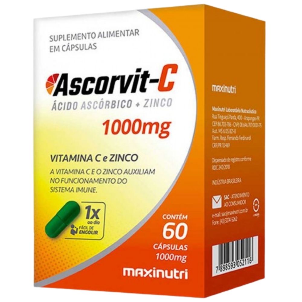 Ascorvit-C 1000mg Vitamina C + Zinco Maxinutri 60 Cápsulas
