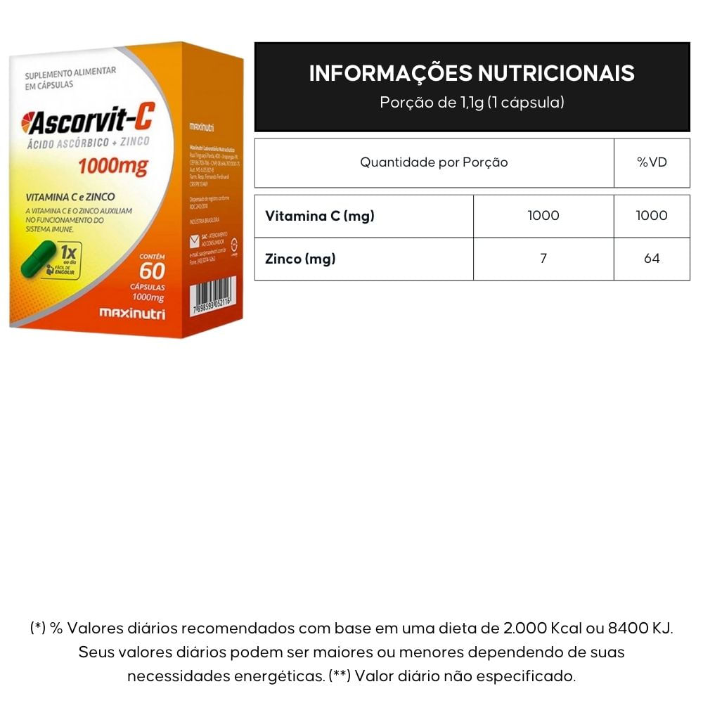 Ascorvit-C 1000mg Vitamina C + Zinco Maxinutri 60 Cápsulas