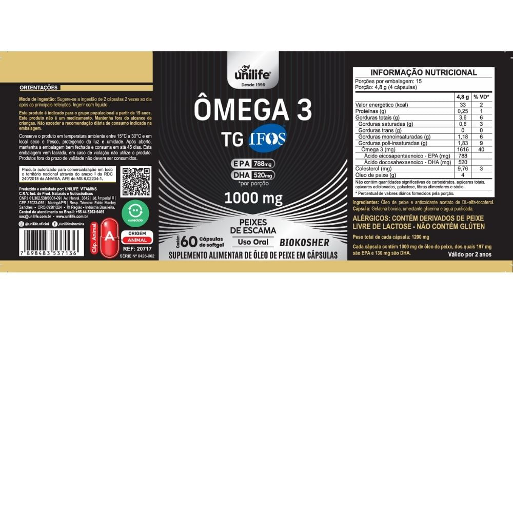 Ômega 3 Selo IFOS Unilife 1200mg 60 Cápsulas