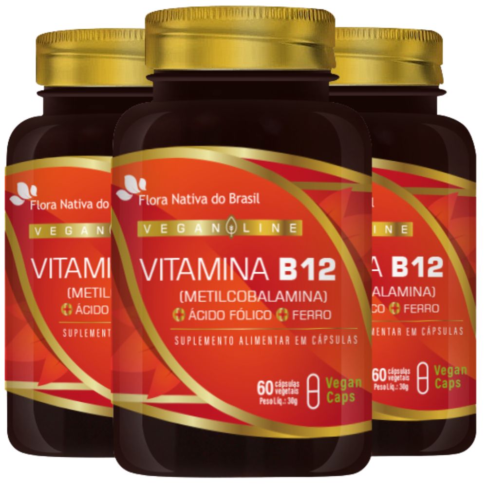Kit 3 Vitamina B12 + Ferro + Ácido Fólico Flora Nativa 60 Cápsulas Veganas