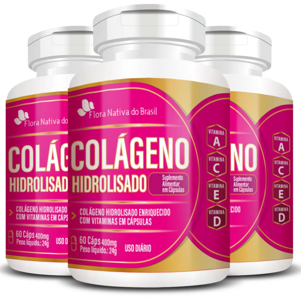 Kit 3 Colágeno Hidrolisado Com Vitaminas Flora Nativa 60 Cápsulas