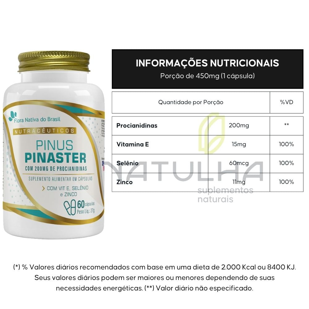 Kit 3 Pinus Pinaster + Vitamina E, Selênio e Zinco Flora Nativa 60 Cápsulas