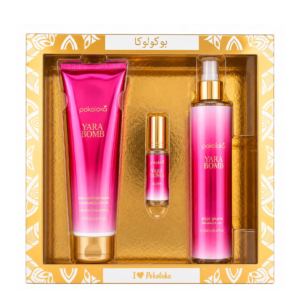 Kit Pokoloka Luxury Elixir Yara Bomb Hidratante 240ml + Body Splash 250ml + Perfume 15ml