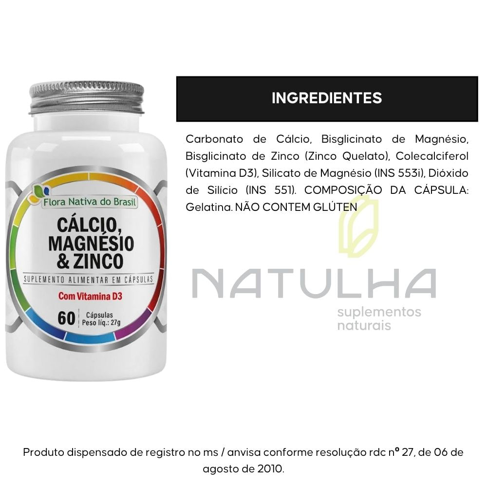 Kit 2 Cálcio, Magnésio, Zinco e Vit D3 Flora Nativa 60 Cápsulas