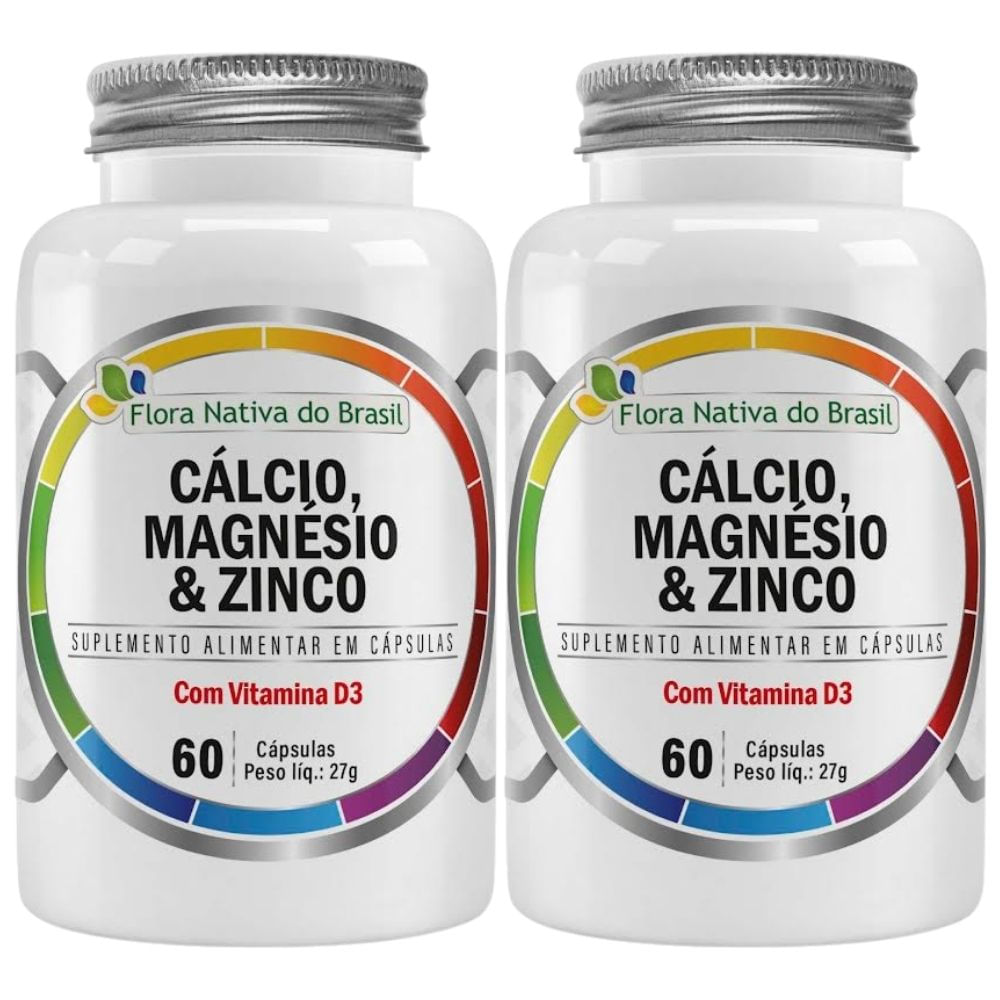 Kit 2 Cálcio, Magnésio, Zinco e Vit D3 Flora Nativa 60 Cápsulas