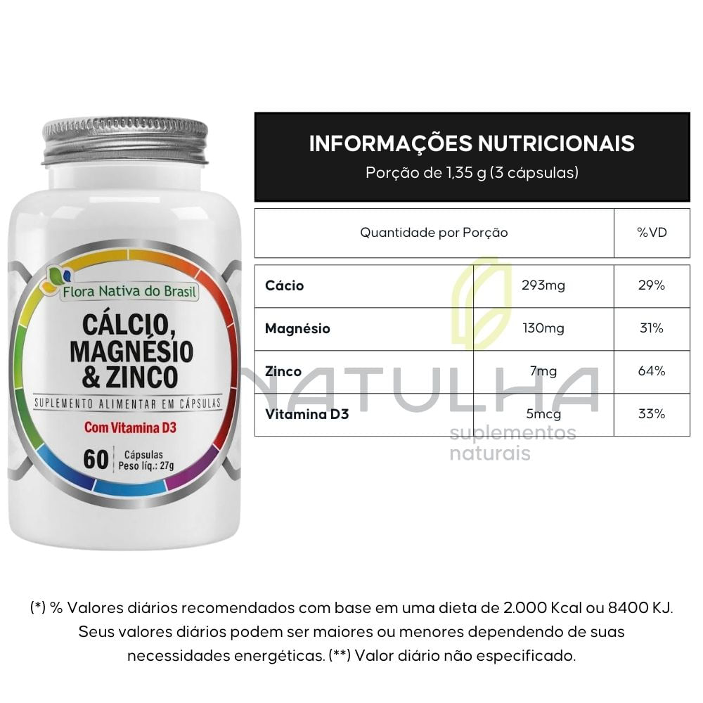 Kit 3 Cálcio, Magnésio, Zinco e Vit D3 Flora Nativa 60 Cápsulas