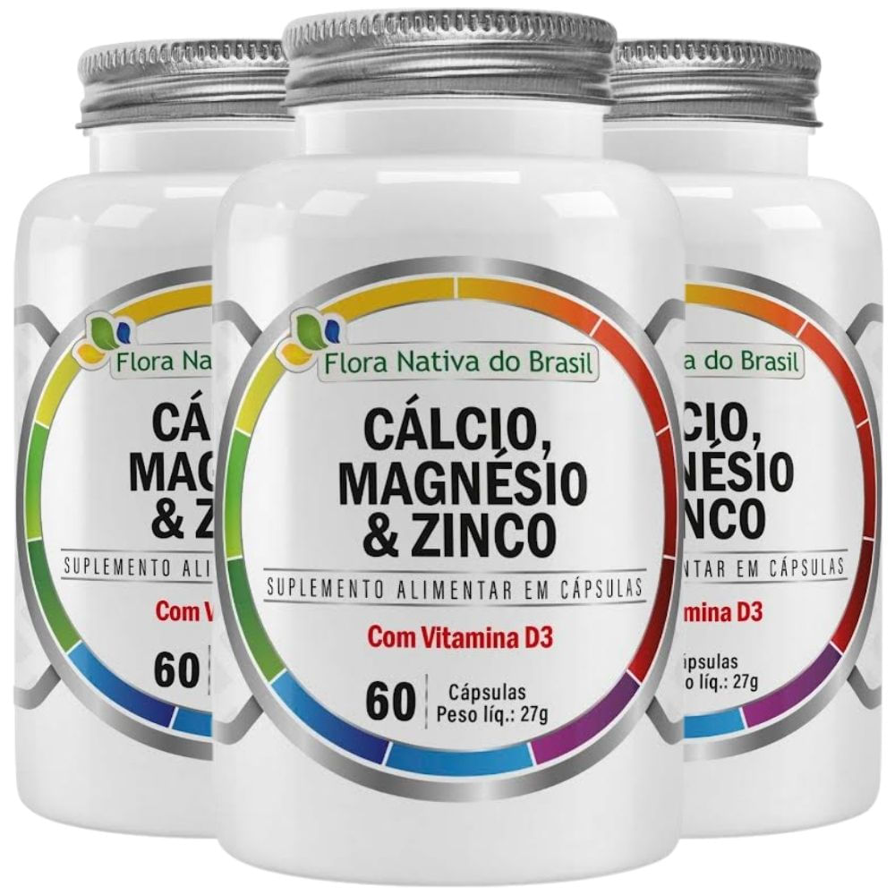 Kit 3 Cálcio, Magnésio, Zinco E Vit D3 Flora Nativa 60 Cápsulas