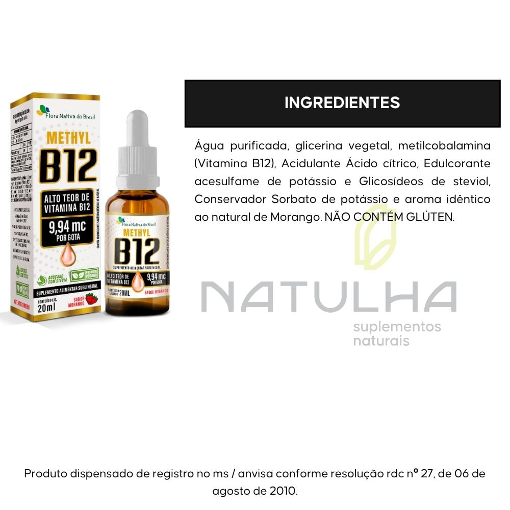 Kit 2 Vitamina B12 Sublingual Metilcobalamina Flora Nativa Sabor Morango 9,94 mcg Por Gota 20ml