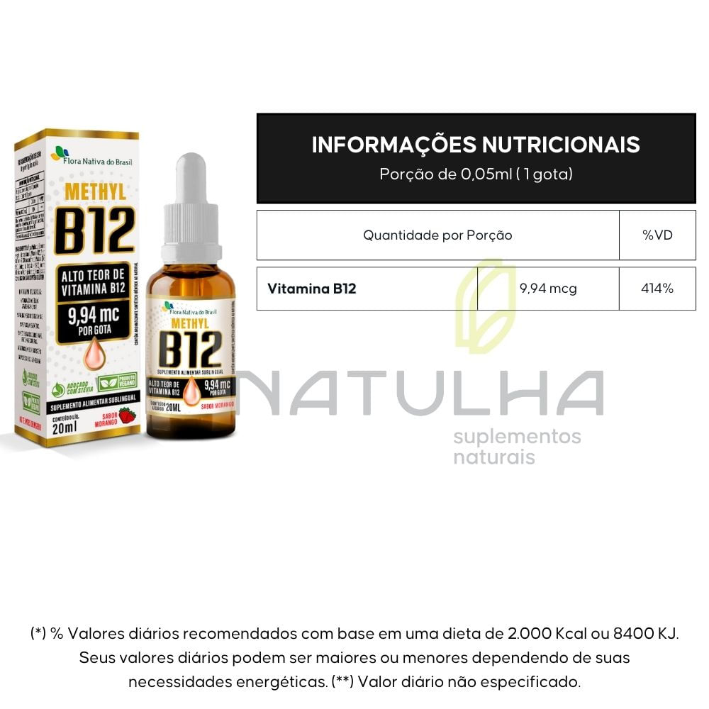 Kit 3 Vitamina B12 Sublingual Metilcobalamina Flora Nativa Sabor Morango 9,94 mcg Por Gota 20ml