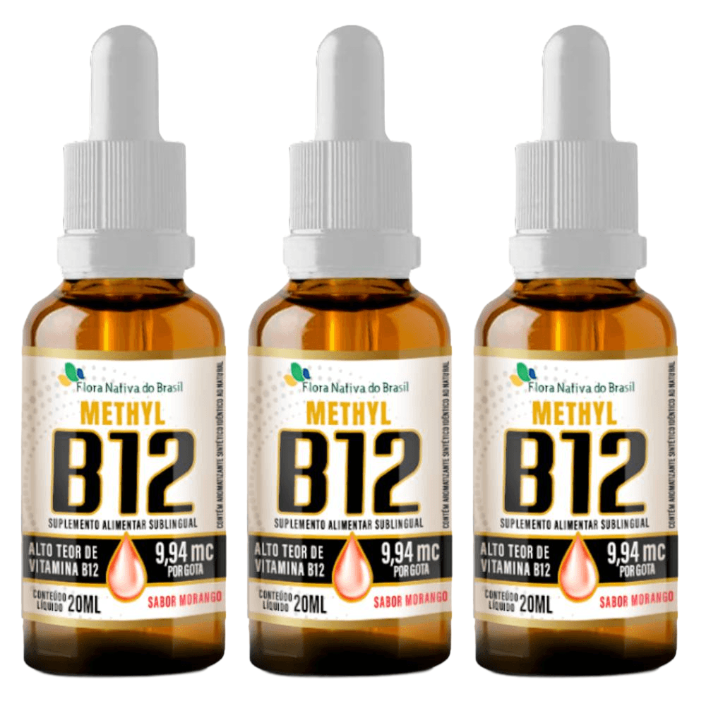 Kit 3 Vitamina B12 Sublingual Metilcobalamina Flora Nativa Sabor Morango 9,94 mcg Por Gota 20ml