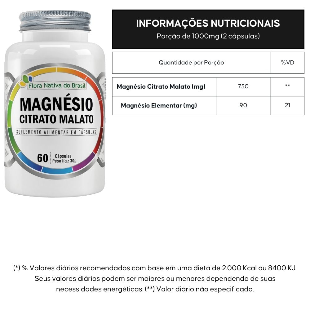 Kit 2 Magnésio Citrato Malato Flora Nativa 60 Cápsulas