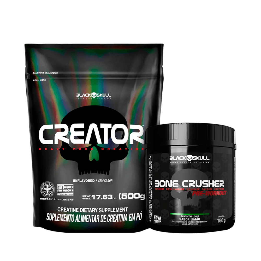 Kit Black Skull Pré-treino Bone Crusher Limão 150g + Creatina Creator 500g LIMÃO N/A