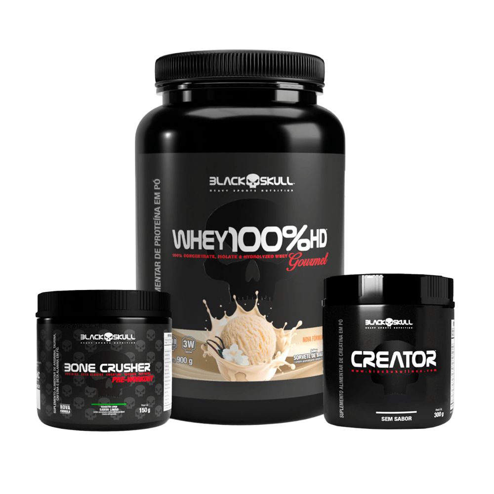 Kit Black SKull Pré-Treino Bone Crusher Limão 150g  + Whey 100% Gourmet Baunilha 900g + Creatina Creator 300g BAUNILHA E LIMÃO N/A