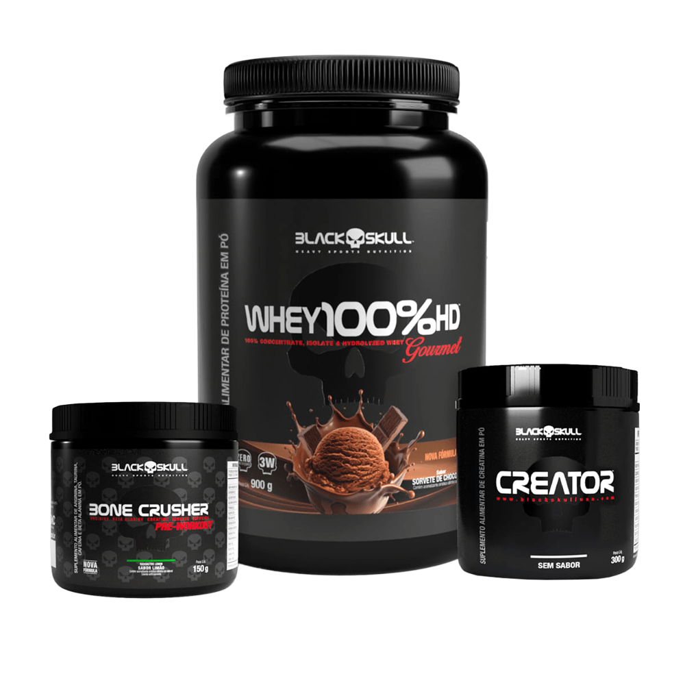 Kit Black Skull Pré-treino Bone Crusher Limão 150g + Whey 100% Gourmet Chocolate 900g + Creatina Creator 300g Chocolate E Limão N/a
