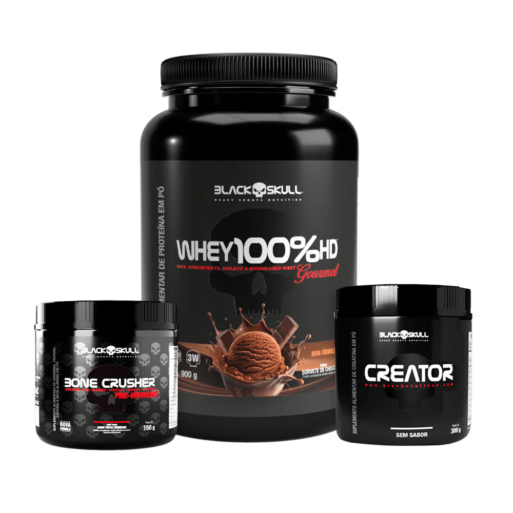 Kit Black Skull Pré-Treino Bone Crusher Frutas Vermelhas 150g + Whey 100% Gourmet Chocolate 900g+ Creatina Creator 300g CHOCOLATE E FRUTAS VERMELHAS N/A