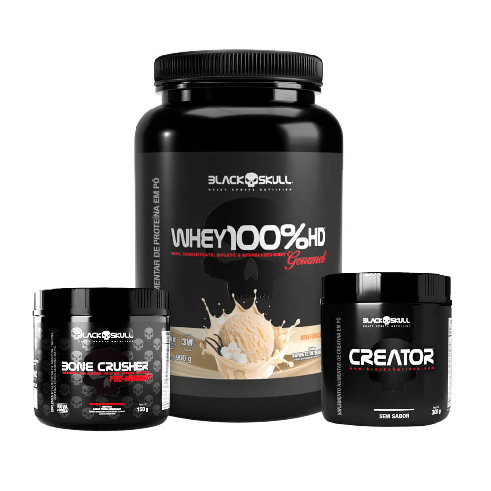 Kit Black Skull Pré-treino Bone Crusher Frutas Vermelhas 150g + Whey 100% Gourmet Baunilha 900g + Creatina Creator 300g Baunilha E Frutas Vermelhas N/a