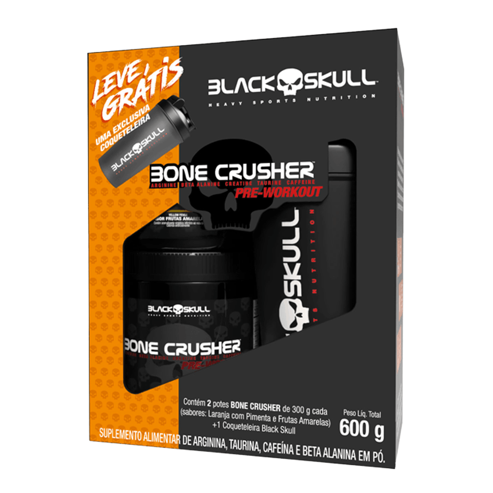 Kit Black Skull Bone Crusher Frutas Amarelas 300g + Bone Crusher Hot Orange 300g + Brinde Coqueteleira Exclusiva FRUTAS AMARELAS + HOT ORANGE N/A