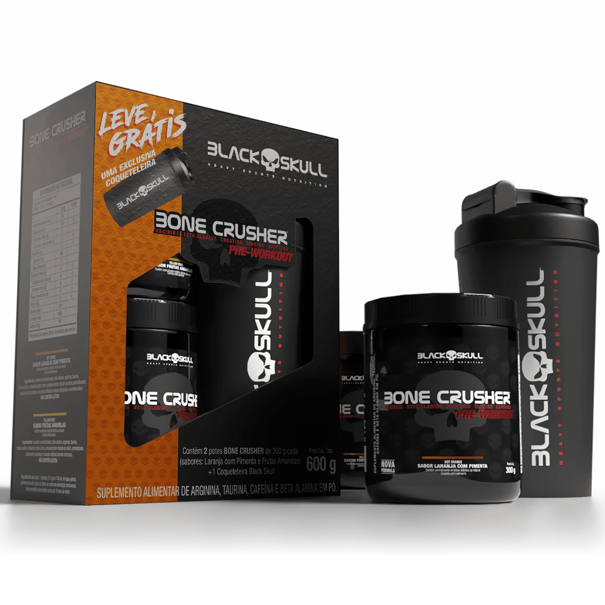 Kit Black Skull Bone Crusher Frutas Amarelas 300g + Bone Crusher Hot Orange 300g + Brinde Coqueteleira Exclusiva FRUTAS AMARELAS + HOT ORANGE N/A