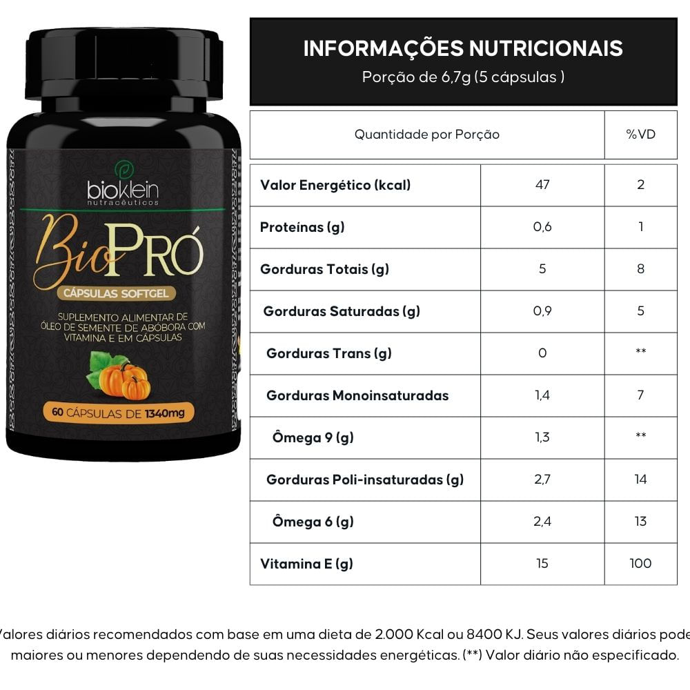 Kit 2 BioPró Óleo de Semente de Abóbora + Vitamina E Bioklein 1340mg 60 Softgels