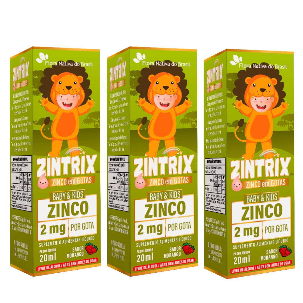 Kit 3 Zintrix Zinco Infantil Flora Nativa Sabor Morango 20ml
