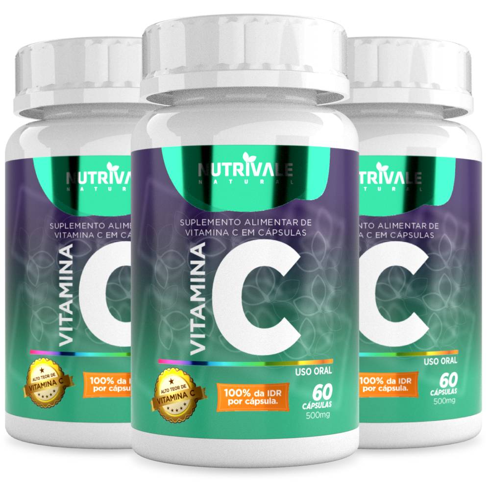 Kit 3 Vitamina C Ácido Ascórbico Nutrivale 60 Cápsulas