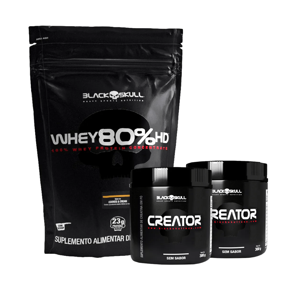 Kit Black Skull Whey 80% HD Cookies 900g + 2 Creatina Creator 300g
