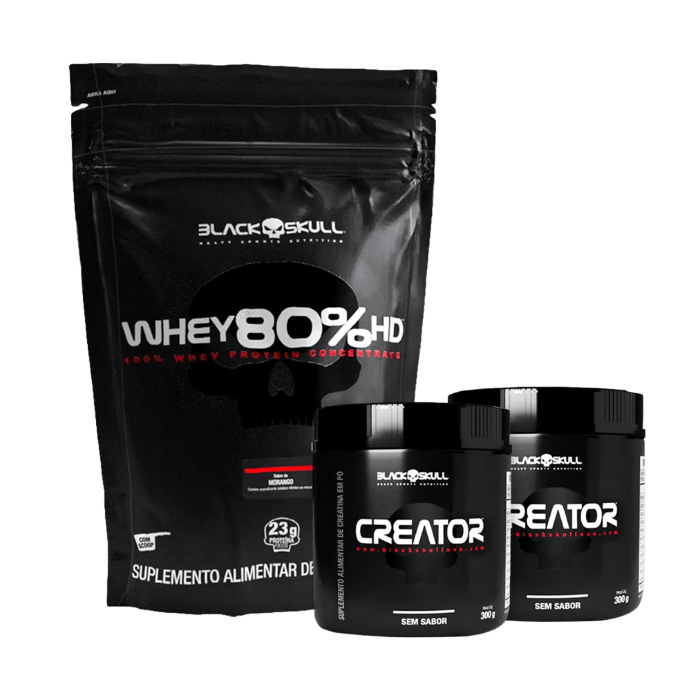 Kit Black Skull Whey 80% Hd Morango 900g + 2 Creatina Creator 300g