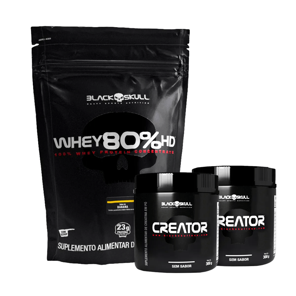 Kit Black Skull Whey 80% HD Banana 900g + 2 Creatina Creator 300g