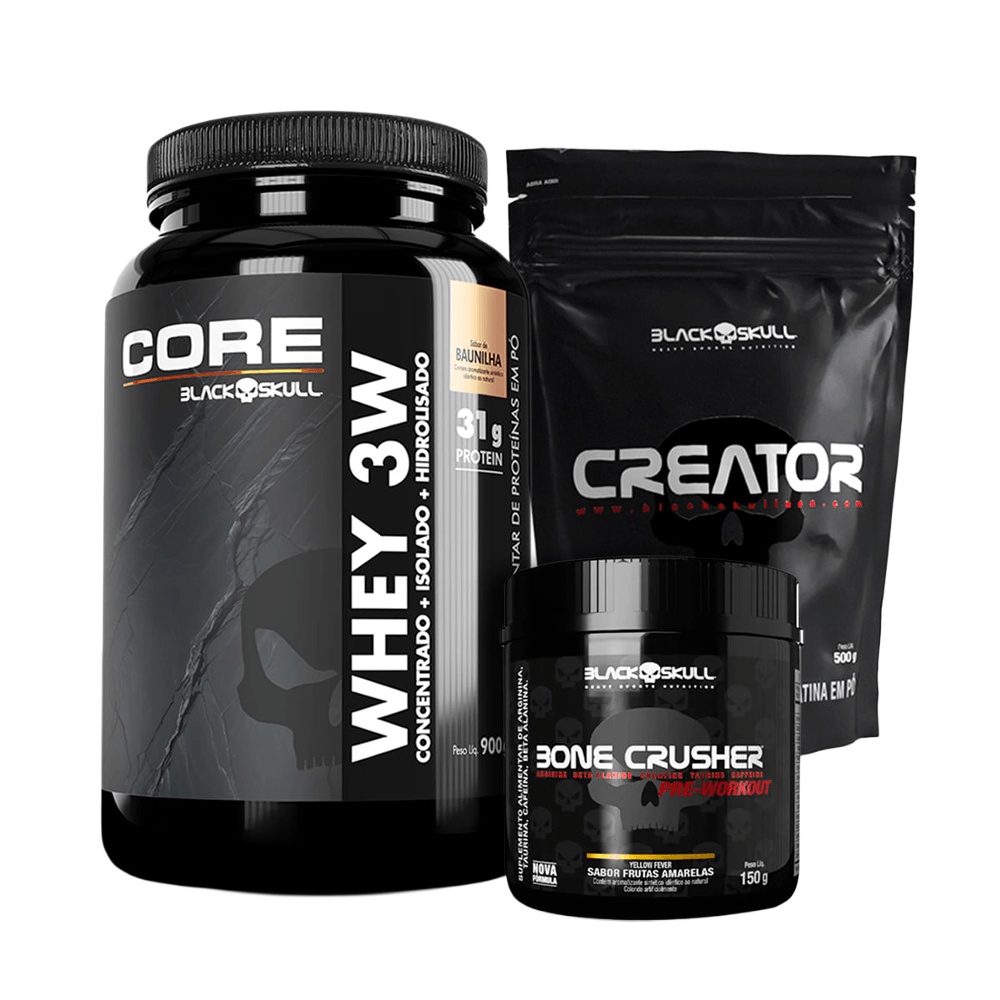 Kit Whey 3W Core Baunilha 900g + Bone Crusher Frutas Amarelas 150g  + Creatina Creator 500g