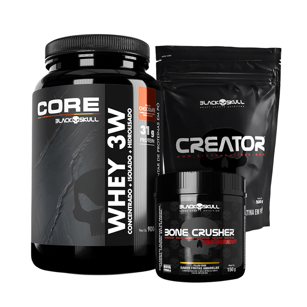 Kit Whey 3W Core Chocolate 900g + Bone Crusher Frutas Amarelas 150g  + Creatina Creator 500g