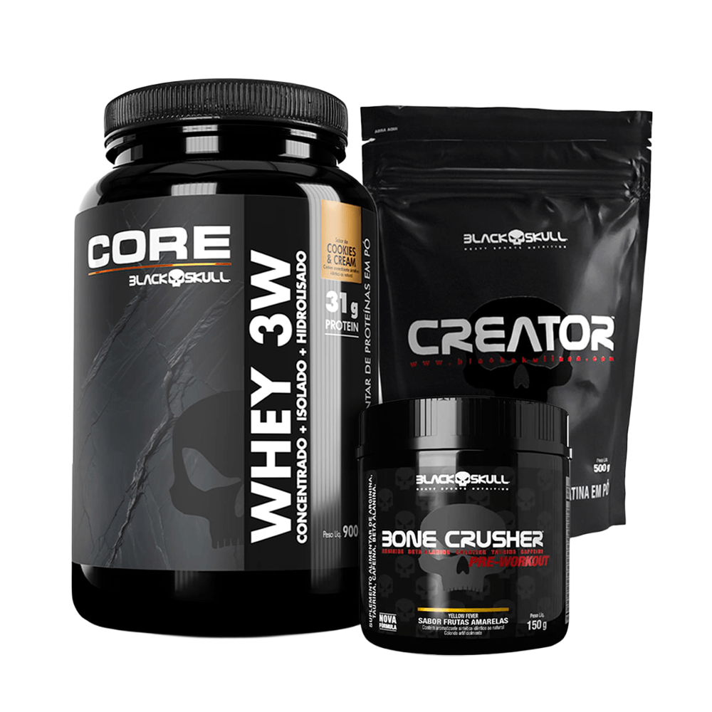 Kit Whey 3W Core Cookies & Cream 900g + Bone Crusher Frutas Amarelas 150g  + Creatina Creator 500g