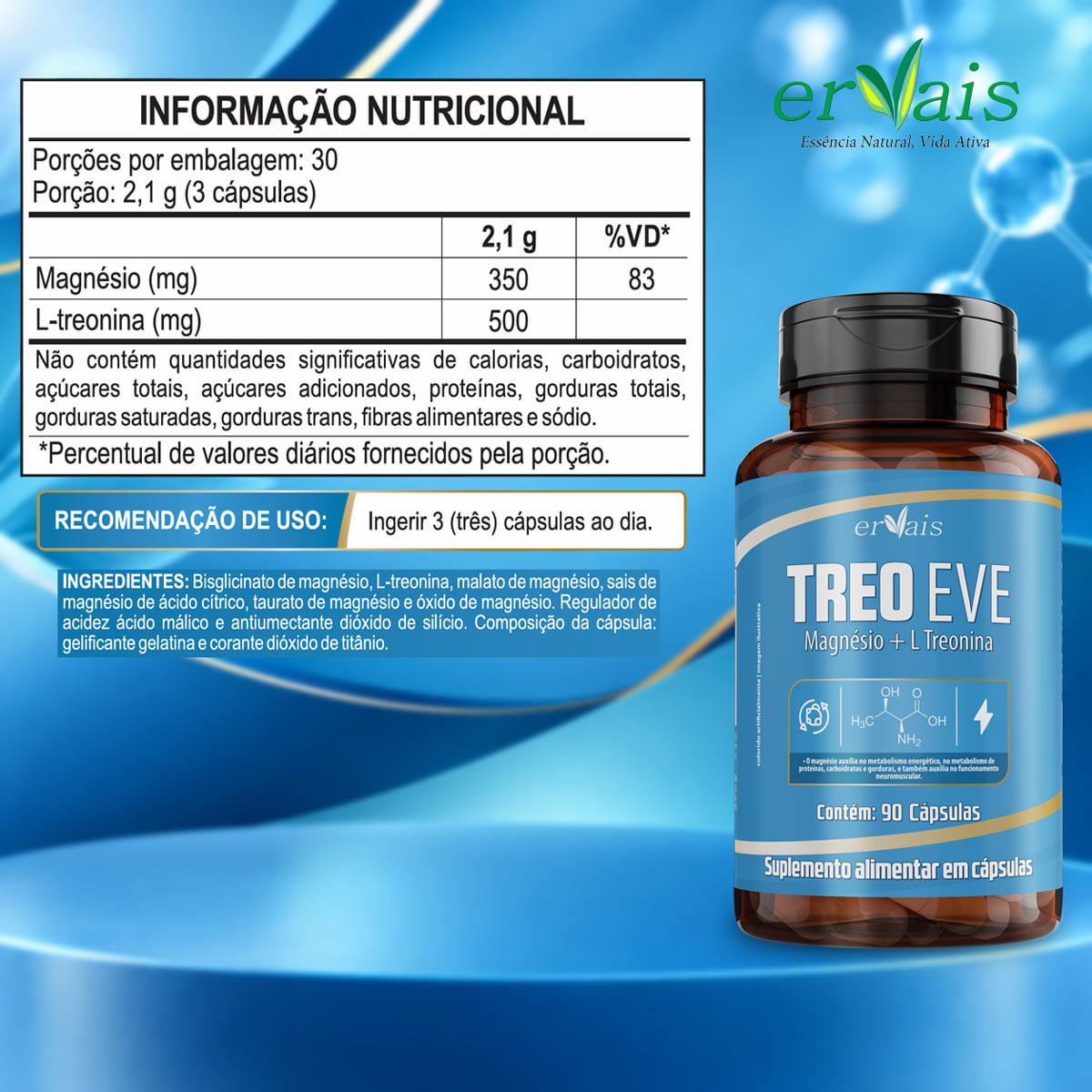 TreoEve Treonato Magnésio + L Treonina Ervais 90 Cápsulas