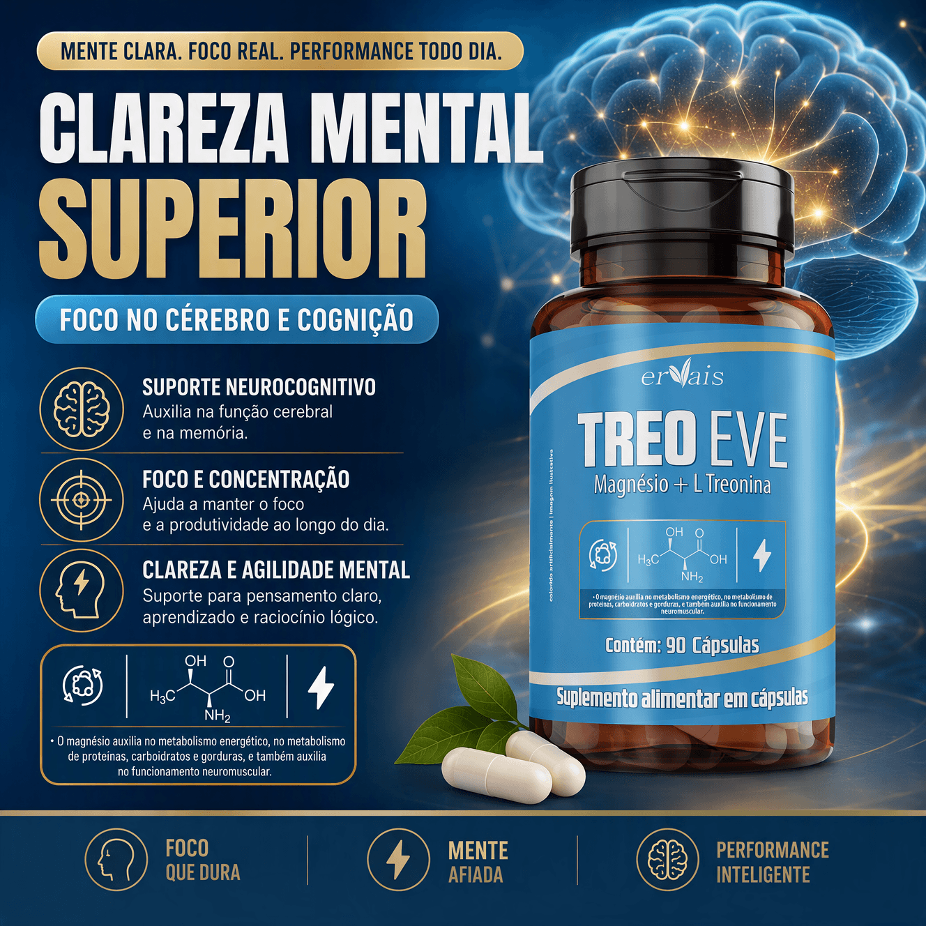 TreoEve Treonato Magnésio + L Treonina Ervais 90 Cápsulas