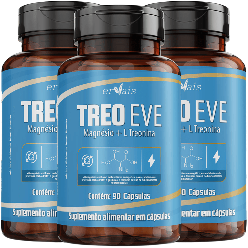 Kit 3 Treoeve Treonato Magnésio + L Treonina Ervais 90 Cápsulas