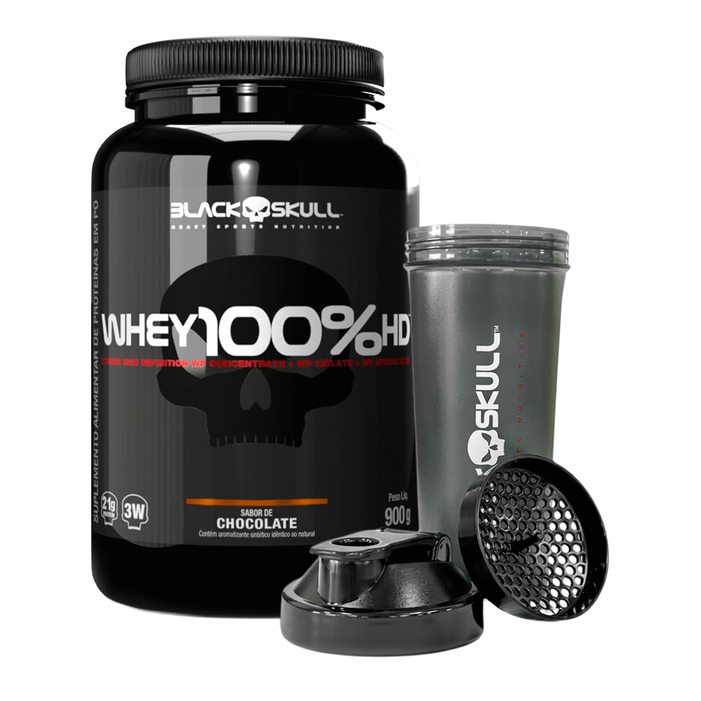 Kit Whey 100% HD Chocolate 900g + Coqueteleira Black Skull