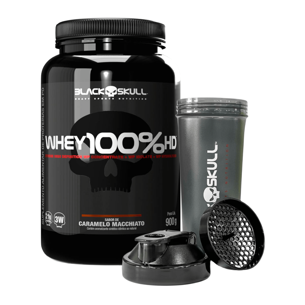 Kit Whey 100% Hd Caramelo Macchiato 900g + Coqueteleira Black Skull